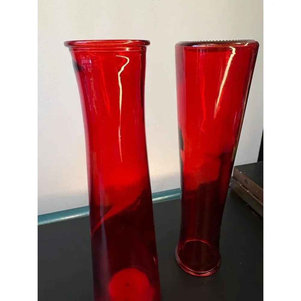Pair Ruby Red Glass Bud Vases Tapered Cylinder 9 Inch Deep Red Tall Set